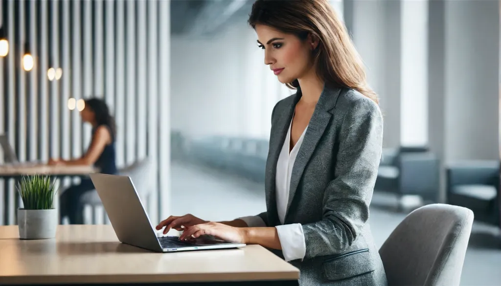 Woman sitting in front of laptop, working